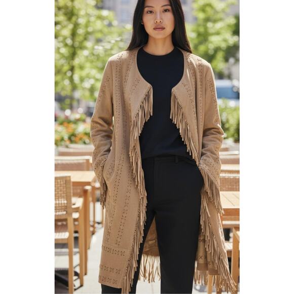Newport News Tan Genuine Suede Fringe Coat Jacket Duster Western Boho sz 1X - Picture 1 of 16